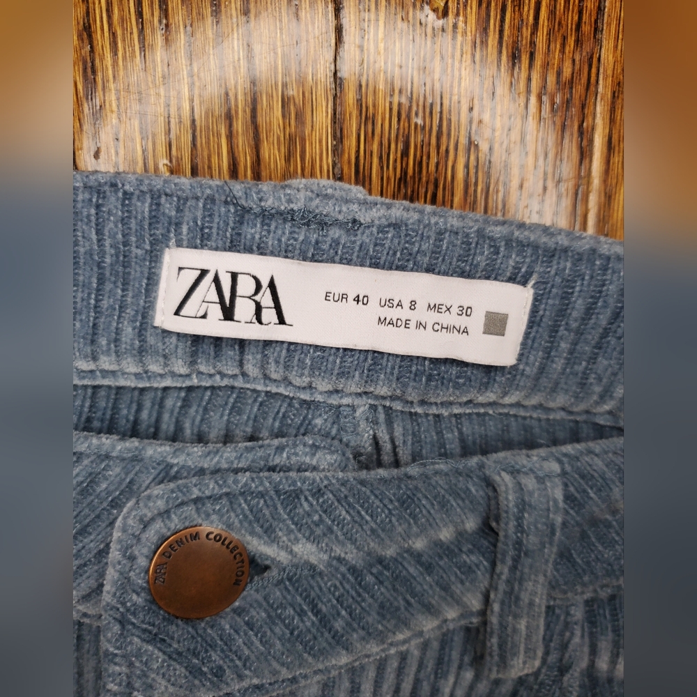 Zara Women's Slim Flare Corduroy Pants Dusty Blue High Rise Classic Preppy Sz 8 - Picture 4 of 10